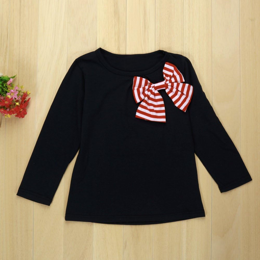 2Pcs Kids Baby Girls Clothing Long Sleeve Bowknot Dress T-Shirt+Stripe Pants Set 2-8T (Navy, 3-4T)