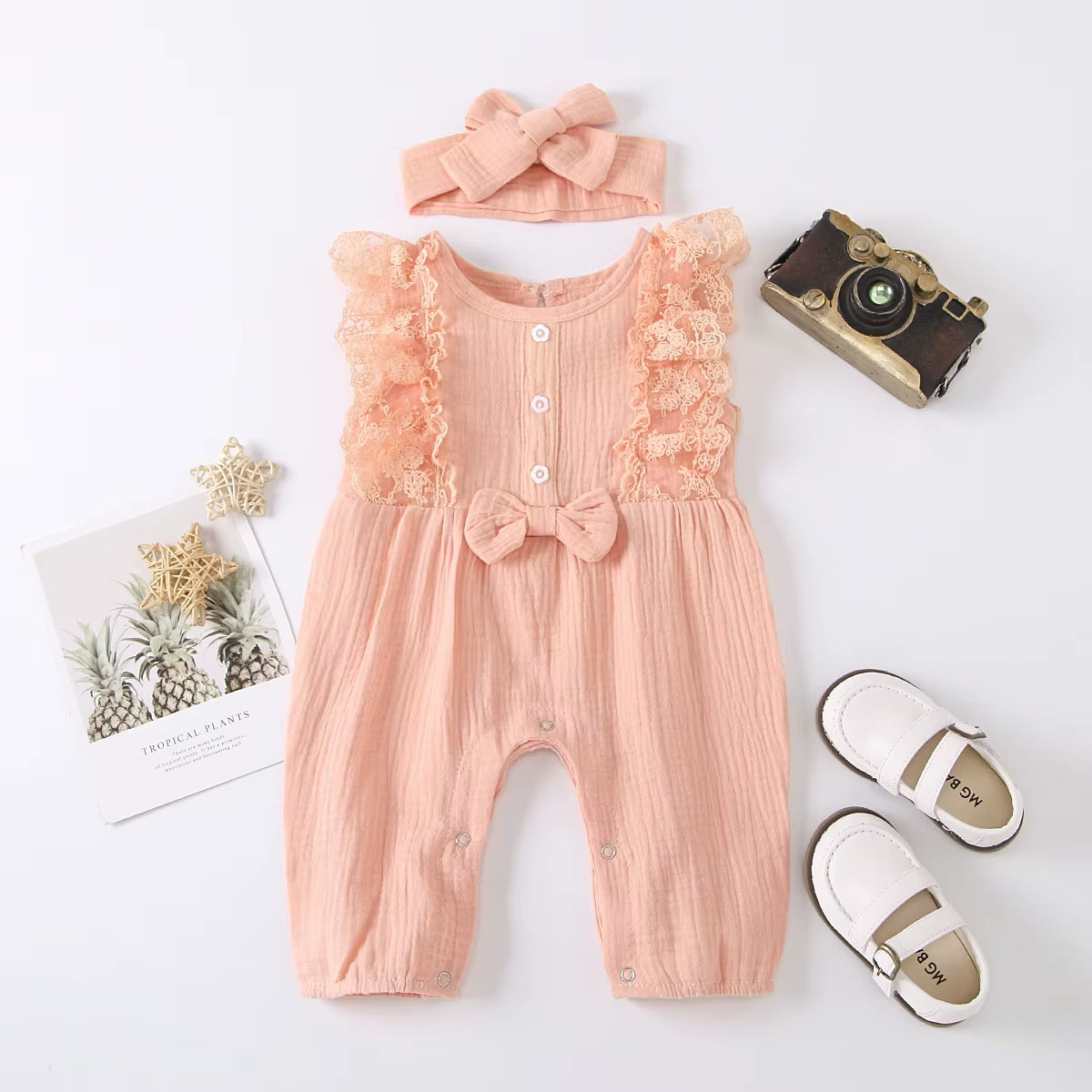Lunalinen – Baby Girl Cotton Romper & Headdress Set