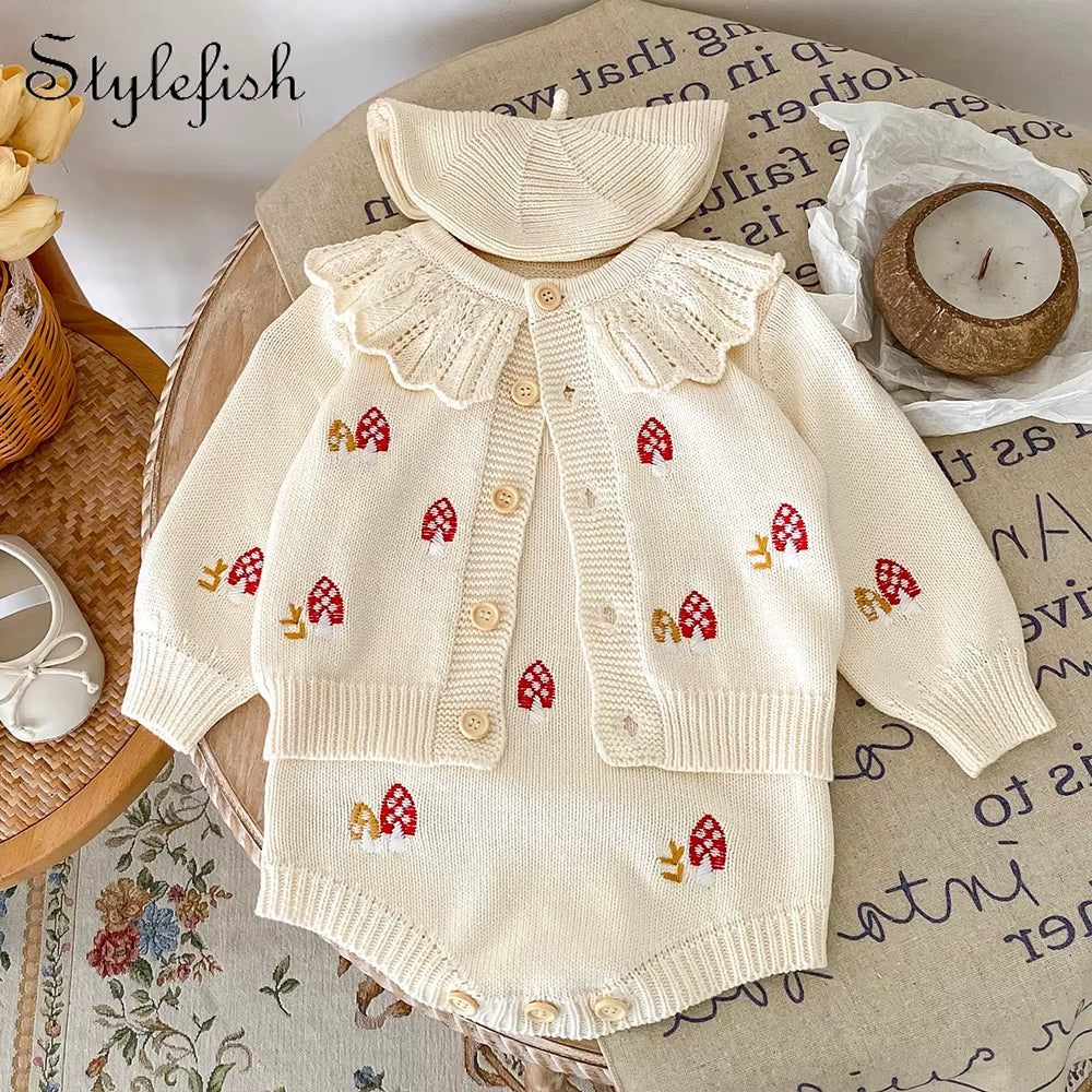 Lotusbloom – Embroidered Knit Top & Strap Romper Set for Baby Girls