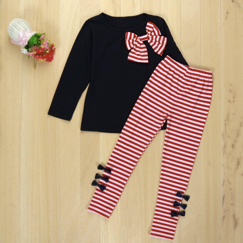 2Pcs Kids Baby Girls Clothing Long Sleeve Bowknot Dress T-Shirt+Stripe Pants Set 2-8T (Navy, 3-4T)