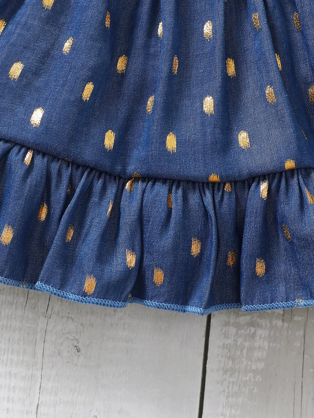 Golden Bloom – Baby Girl Blue Slip Dress with Gold Dots and Matching Headband Set