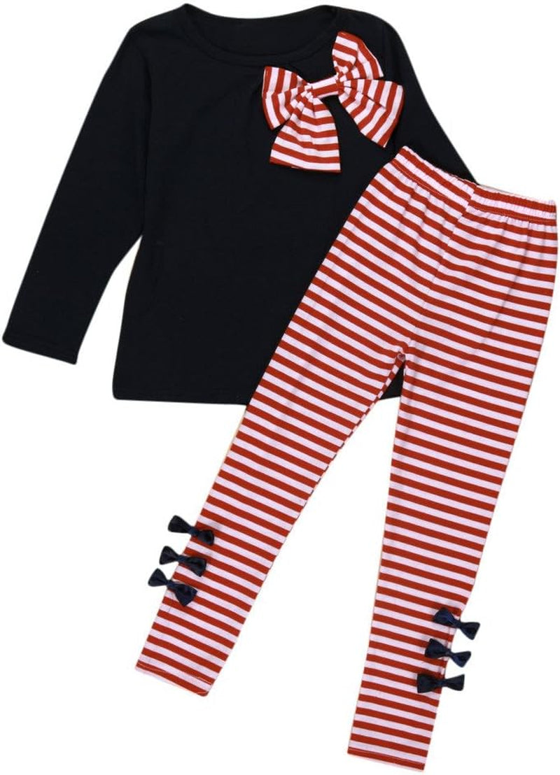 2Pcs Kids Baby Girls Clothing Long Sleeve Bowknot Dress T-Shirt+Stripe Pants Set 2-8T (Navy, 3-4T)