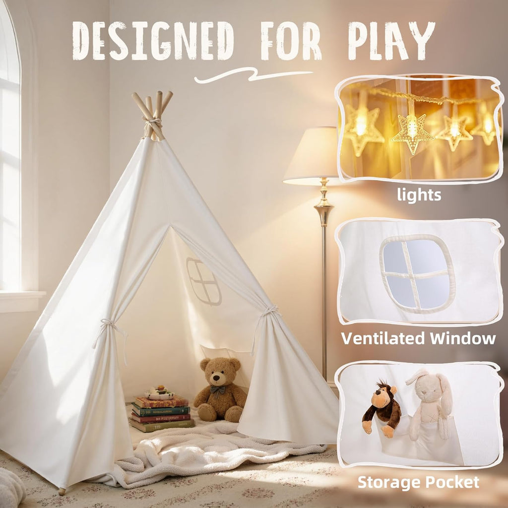 Teepee Tent for Kids Indoor - Toddler Play Tent Washable Tipi Sleepover Tents with Lights for Girls & Boys - Foldable Playhouse Gift Toys