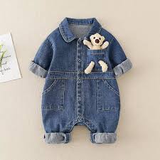 Bearbuddy Denim – Spring Cartoon Pocket Romper for Babies