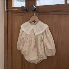 Lacewhimsy – Corduroy Floral Romper with Petal Collar for Baby Girls