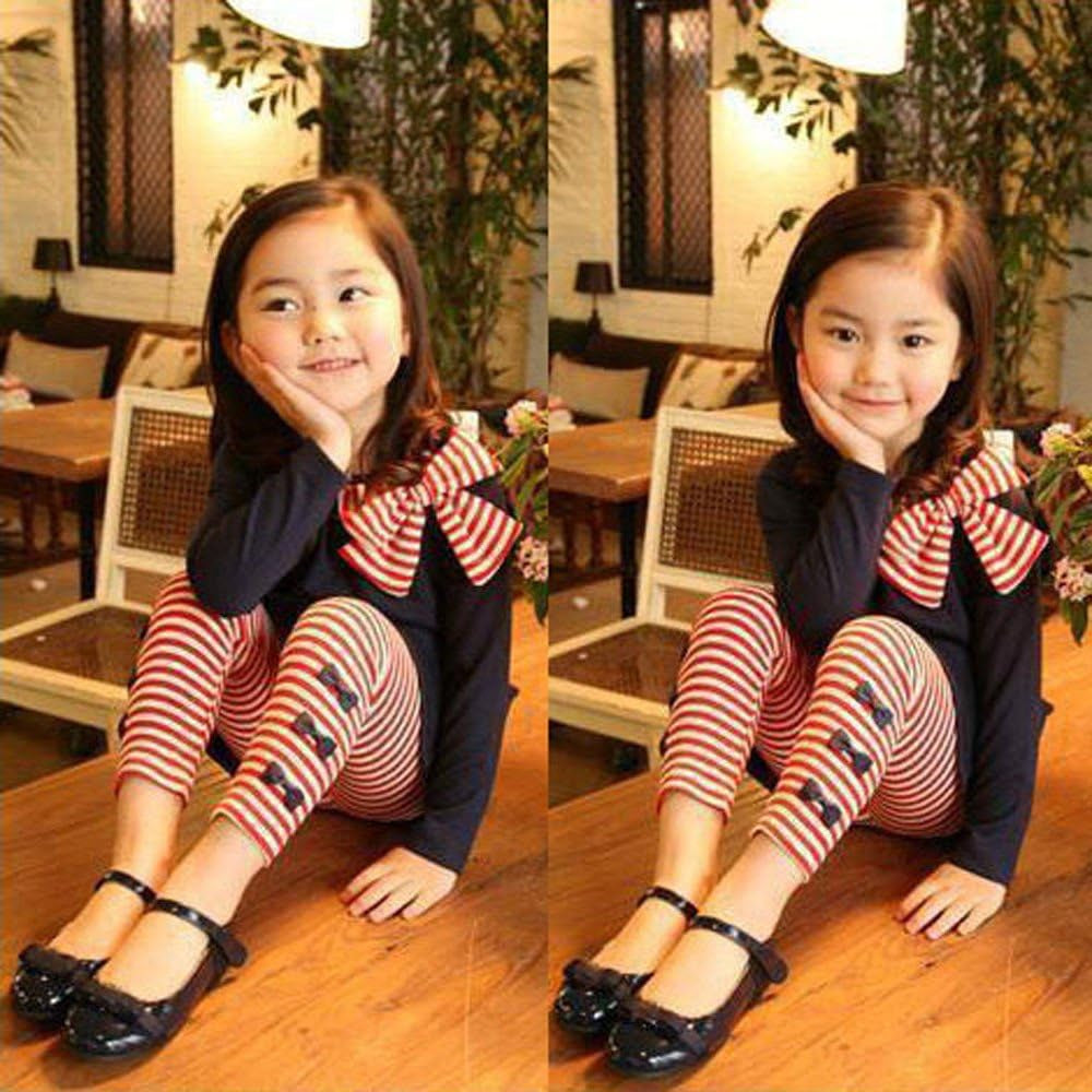 2Pcs Kids Baby Girls Clothing Long Sleeve Bowknot Dress T-Shirt+Stripe Pants Set 2-8T (Navy, 3-4T)