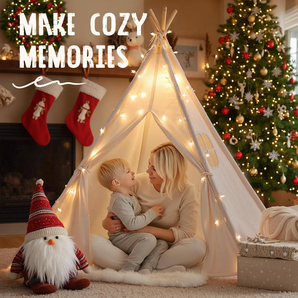 Teepee Tent for Kids Indoor - Toddler Play Tent Washable Tipi Sleepover Tents with Lights for Girls & Boys - Foldable Playhouse Gift Toys