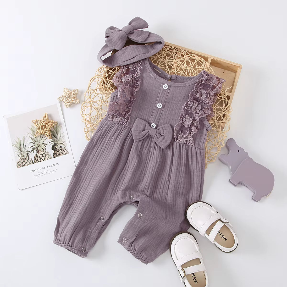 Lunalinen – Baby Girl Cotton Romper & Headdress Set