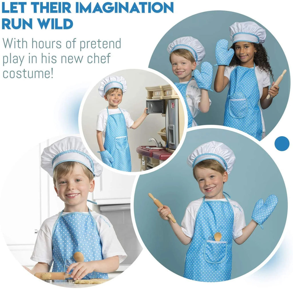 Kids Cooking Set, 11 Pcs Chef Role Play Kit for Girls Ages 3-6, Includes Apron, Chef Hat, Oven Mitt, Utensils & Baking Tools, Birthday & Festival Gift, Blue