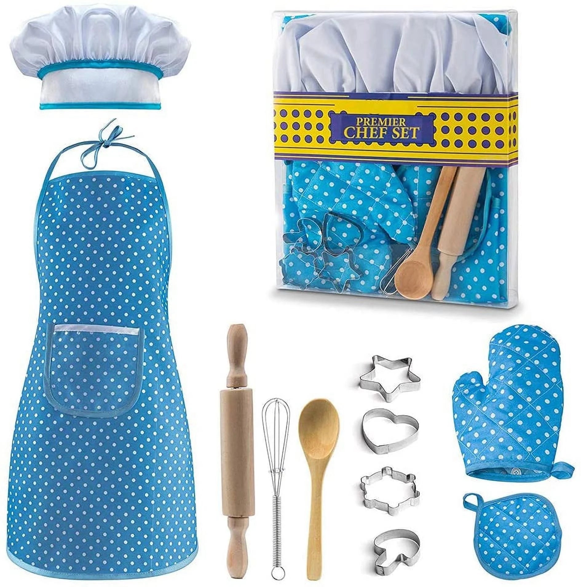 Kids Cooking Set, 11 Pcs Chef Role Play Kit for Girls Ages 3-6, Includes Apron, Chef Hat, Oven Mitt, Utensils & Baking Tools, Birthday & Festival Gift, Blue