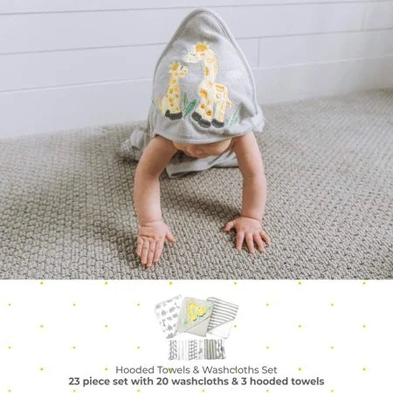 Bath Hooded Towels & Washcloths Set for Babies, 23-Piece Gift Set, Gray Giraffe